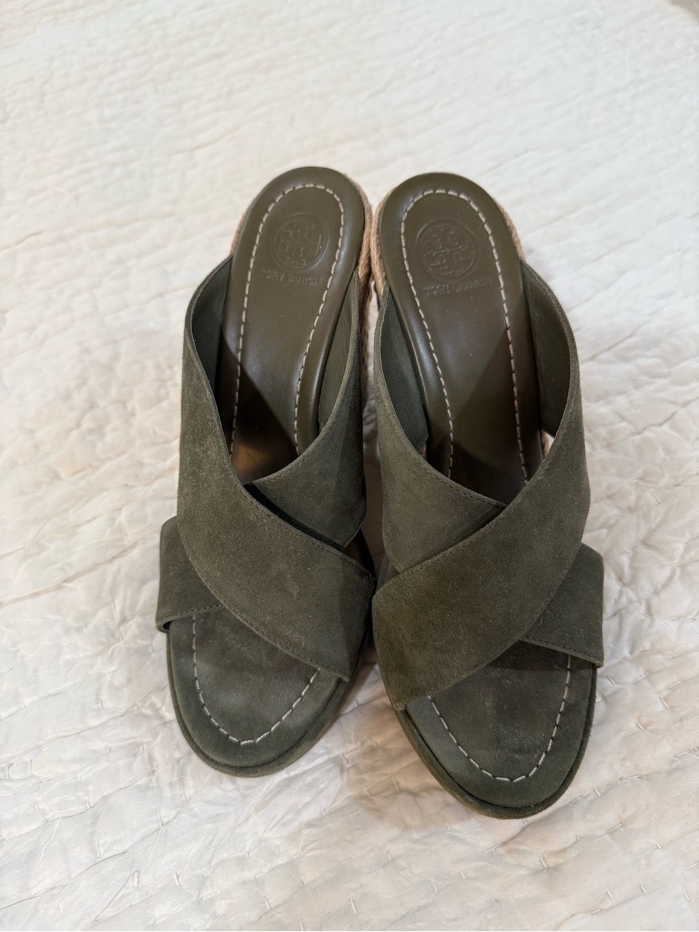 Tory Sport Olive Green Suede Crossover Mules